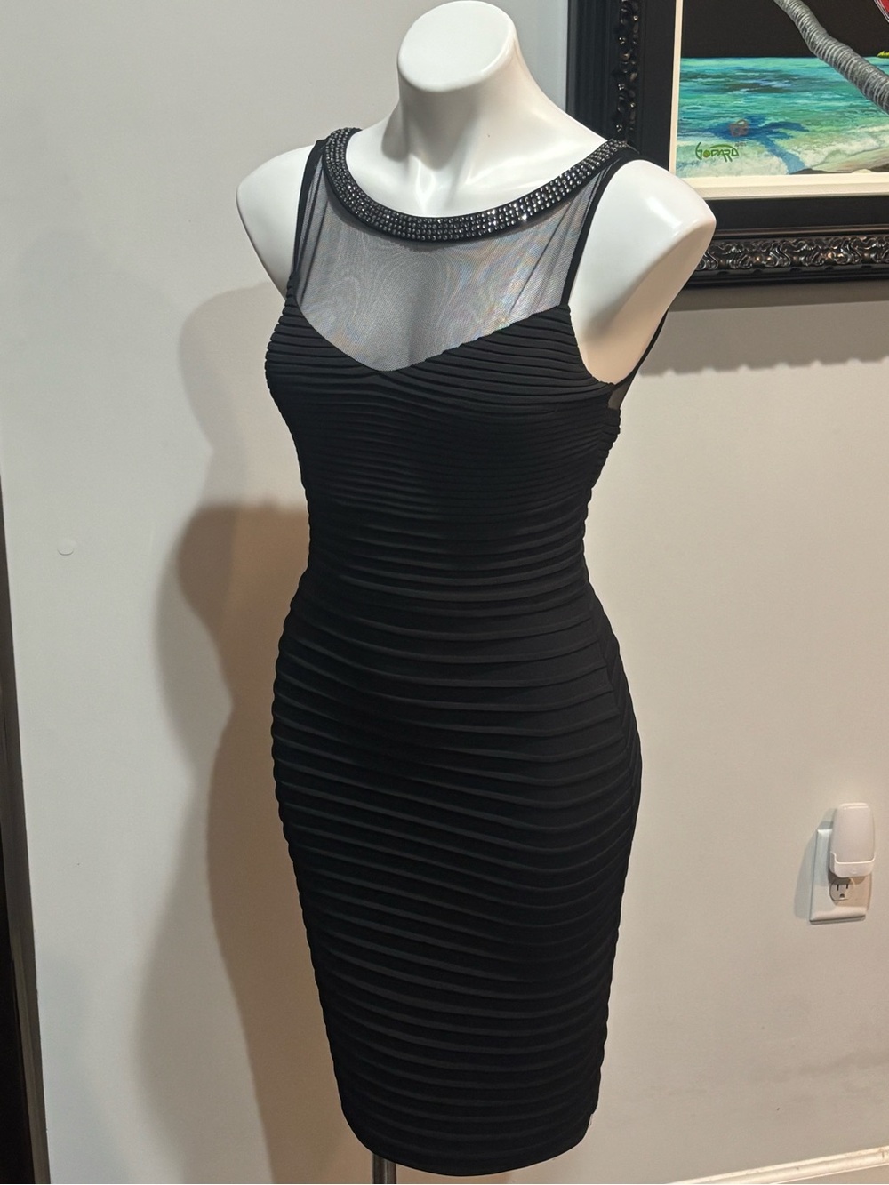 Calvin Klein Black Ribbed Midi Dress with Beaded Illusion Neckline